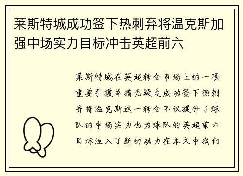 莱斯特城成功签下热刺弃将温克斯加强中场实力目标冲击英超前六