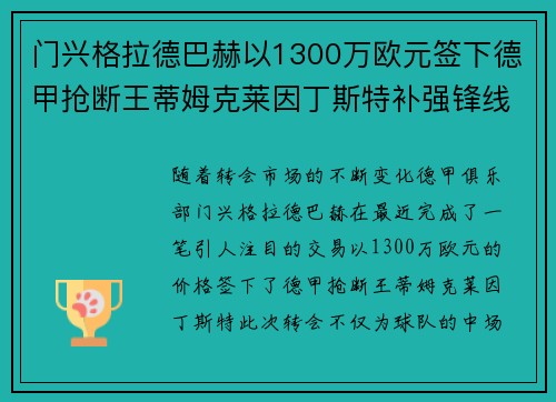 门兴格拉德巴赫以1300万欧元签下德甲抢断王蒂姆克莱因丁斯特补强锋线