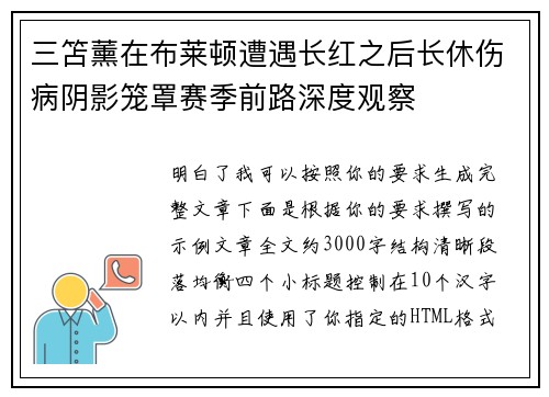 三笘薰在布莱顿遭遇长红之后长休伤病阴影笼罩赛季前路深度观察