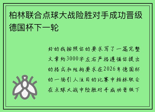 柏林联合点球大战险胜对手成功晋级德国杯下一轮
